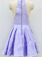 A-Linie, Rundhalsausschnitt, über dem Knie, lila Satin-Heimkehrkleid mit Taschen, PD271