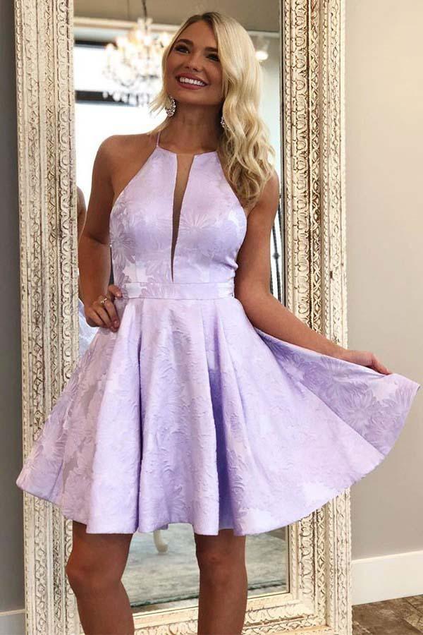A-Linie, Rundhalsausschnitt, über dem Knie, lila Satin-Heimkehrkleid mit Taschen, PD271