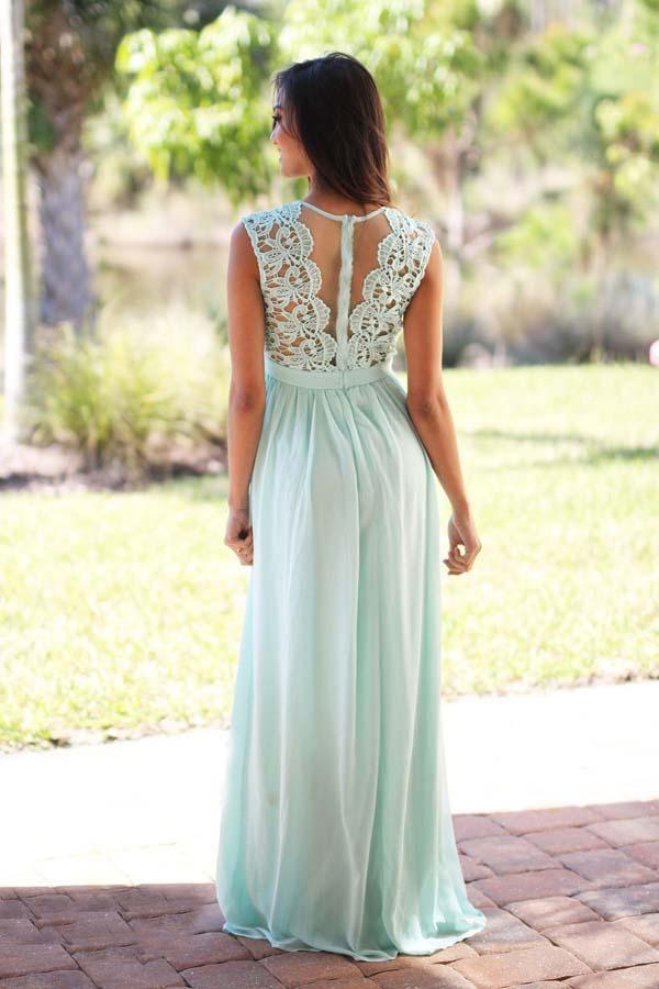 Vestido de dama de honor de gasa color menta con encaje, corte A, largo hasta el suelo, BD039