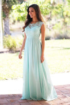 Vestido de dama de honor de gasa color menta con encaje, corte A, largo hasta el suelo, BD039