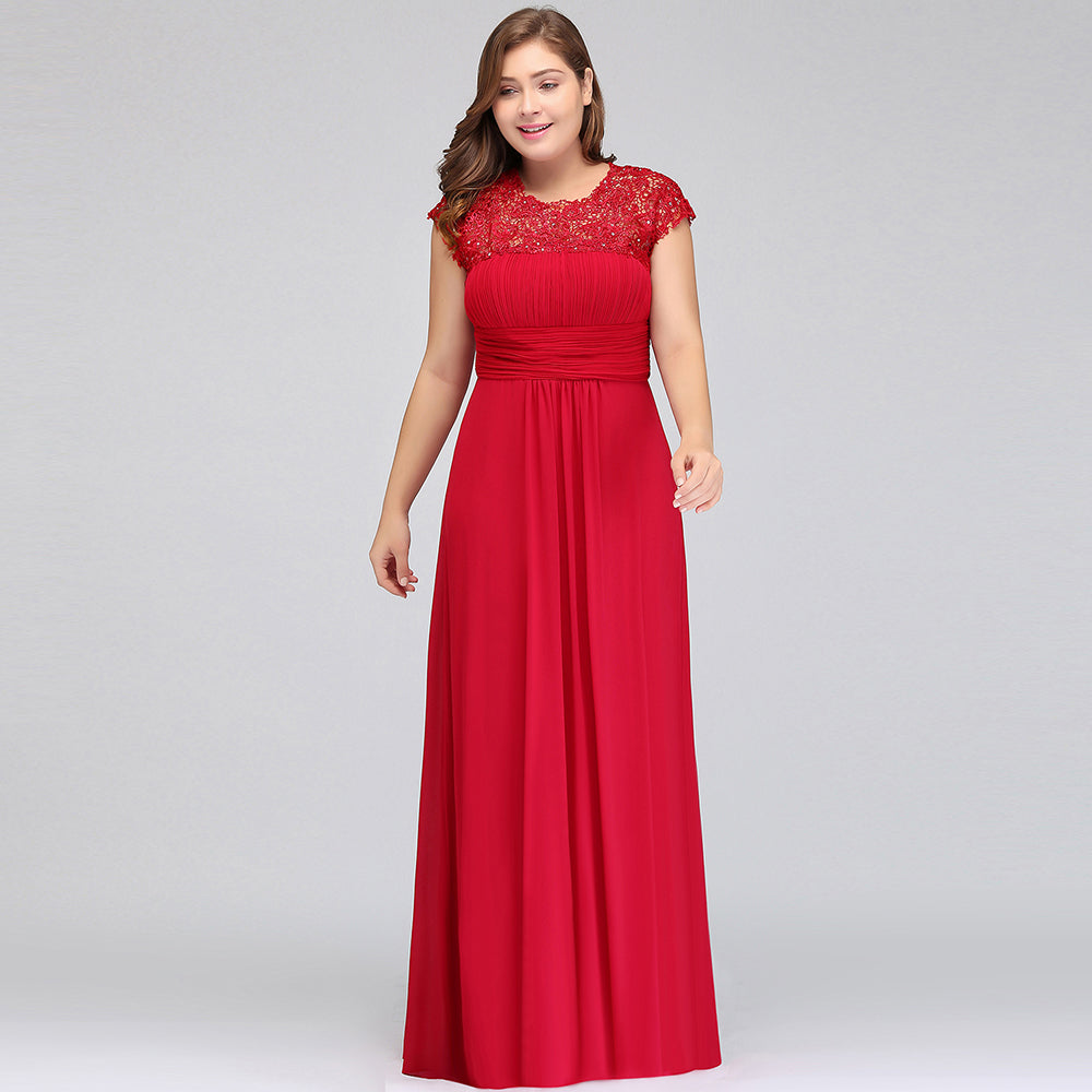 A-Linie Rundhals Bodenlang Übergröße Flügelärmel Spitzen Chiffon Abendkleider mit Applikationen