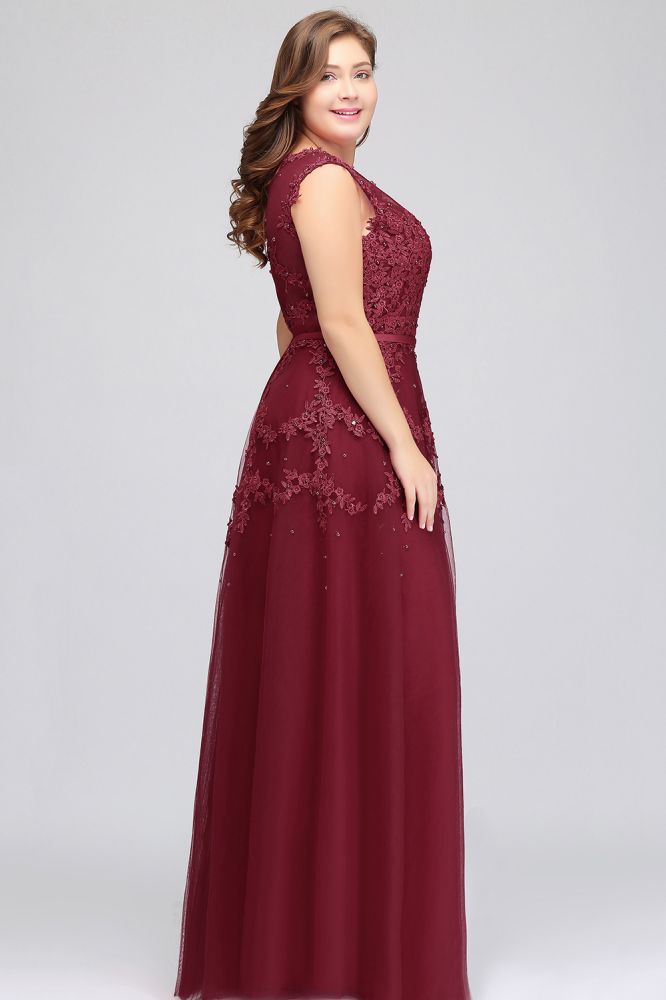 A-Line Crew Floor Length Sleeveless Plus size Tulle Appliqued Evening Dresses with Crystals