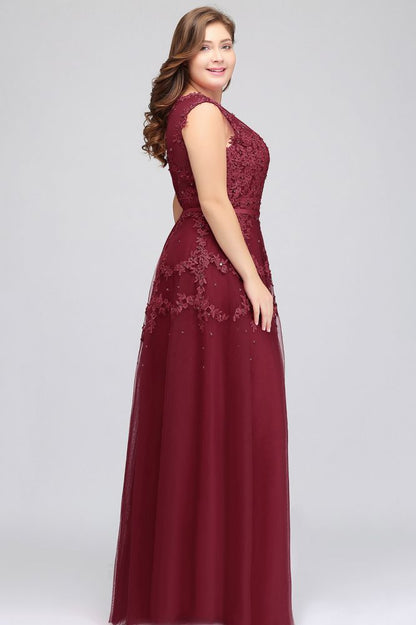 A-Line Crew Floor Length Sleeveless Plus size Tulle Appliqued Evening Dresses with Crystals