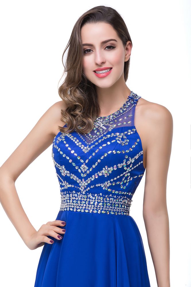 A-Linie, Rundhalsausschnitt, bodenlanges, ärmelloses Tüll-Ballkleid mit Kristallperlen