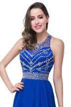 A-Linie, Rundhalsausschnitt, bodenlanges, ärmelloses Tüll-Ballkleid mit Kristallperlen