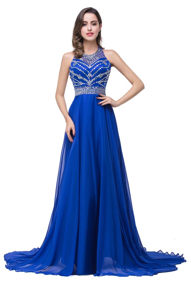 A-Linie, Rundhalsausschnitt, bodenlanges, ärmelloses Tüll-Ballkleid mit Kristallperlen