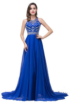 A-Linie, Rundhalsausschnitt, bodenlanges, ärmelloses Tüll-Ballkleid mit Kristallperlen