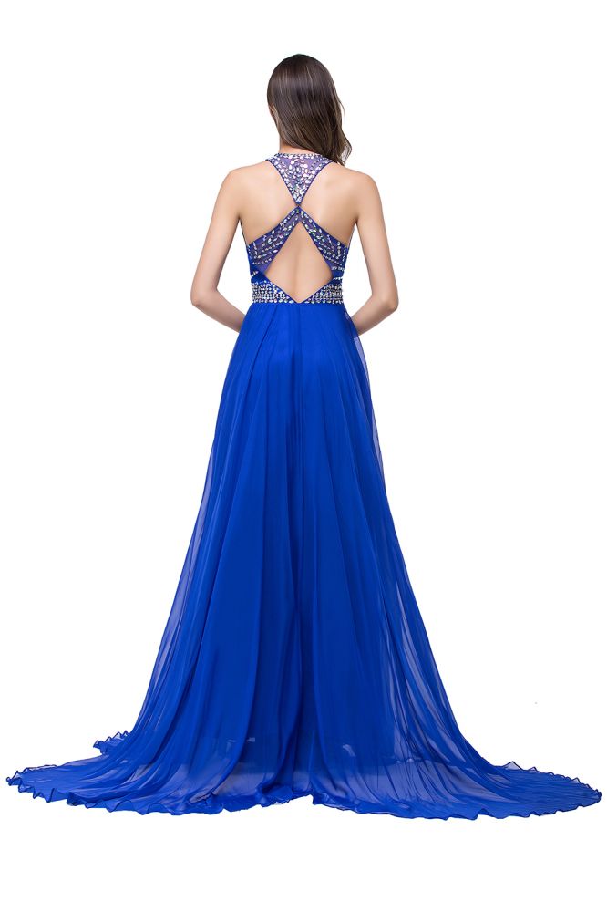 A-Linie, Rundhalsausschnitt, bodenlanges, ärmelloses Tüll-Ballkleid mit Kristallperlen