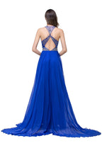 A-Linie, Rundhalsausschnitt, bodenlanges, ärmelloses Tüll-Ballkleid mit Kristallperlen