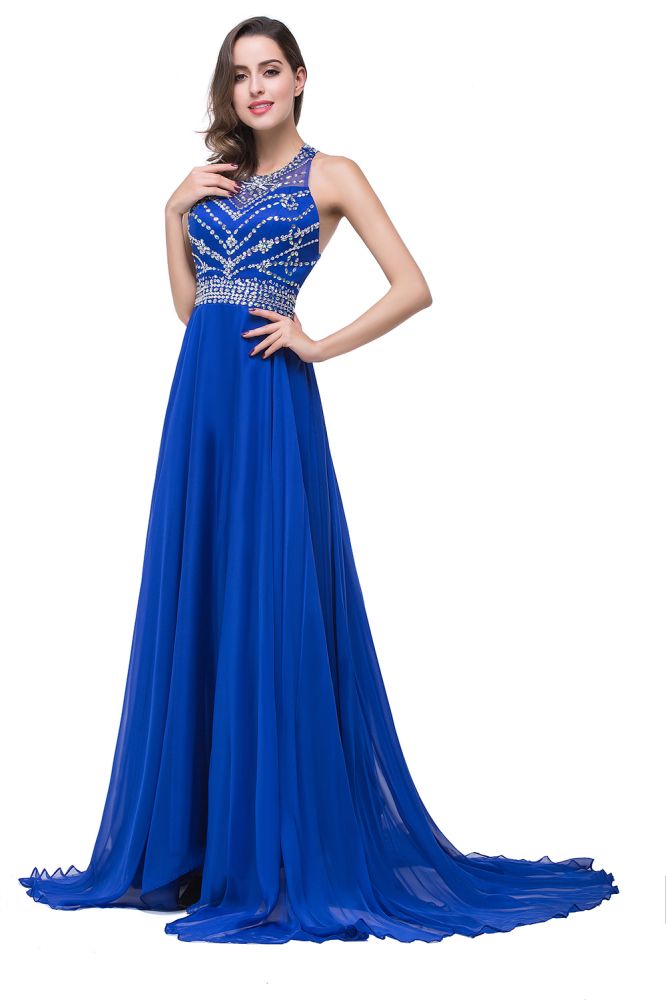 A-Linie, Rundhalsausschnitt, bodenlanges, ärmelloses Tüll-Ballkleid mit Kristallperlen