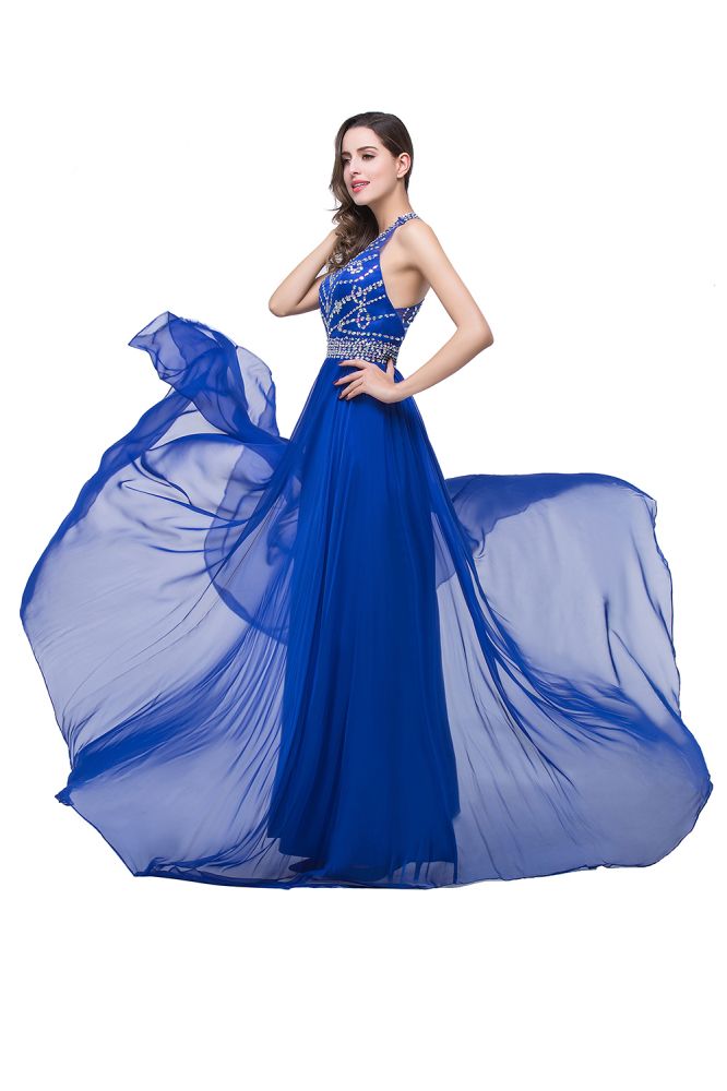 A-Linie, Rundhalsausschnitt, bodenlanges, ärmelloses Tüll-Ballkleid mit Kristallperlen