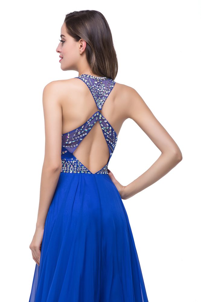 A-Linie, Rundhalsausschnitt, bodenlanges, ärmelloses Tüll-Ballkleid mit Kristallperlen