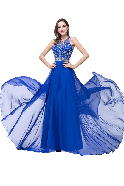 A-line Crew Floor-length Sleeveless Tulle Prom Dresses with Crystal Beads