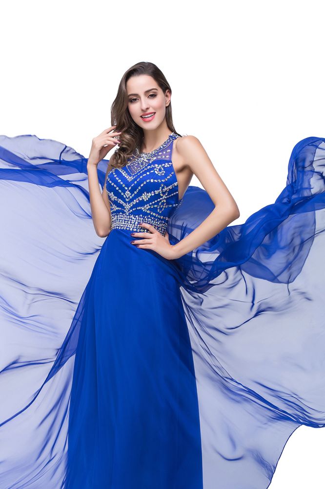 A-Linie, Rundhalsausschnitt, bodenlanges, ärmelloses Tüll-Ballkleid mit Kristallperlen
