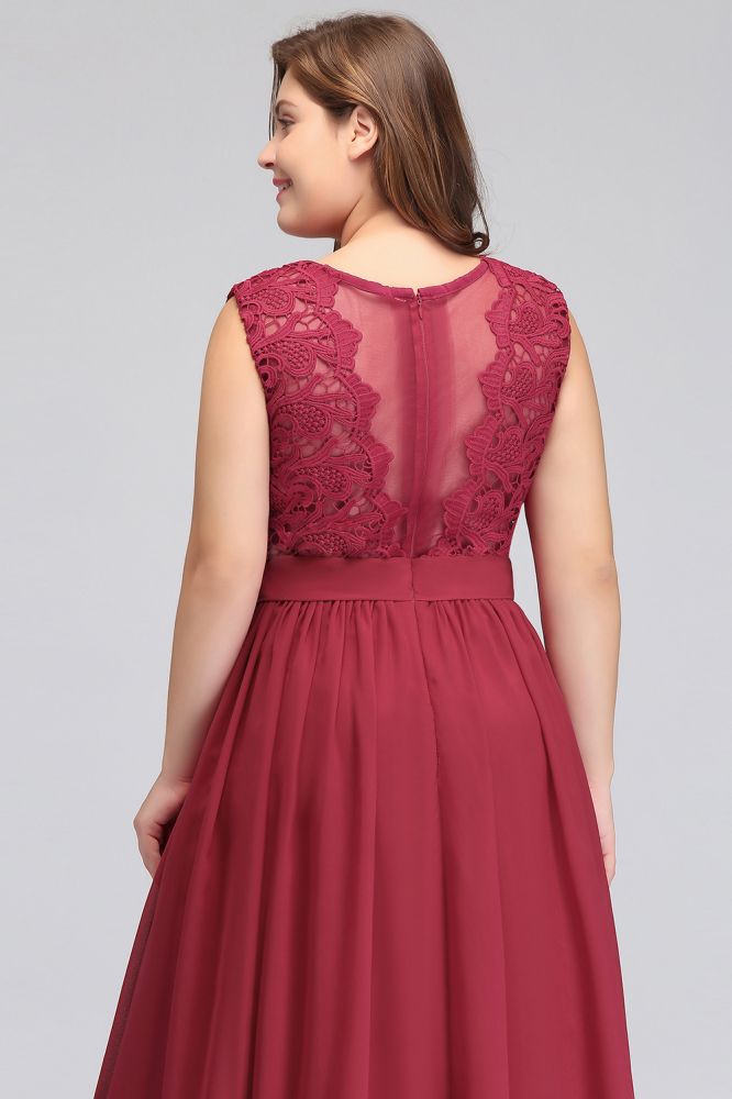 A-Linie Rundhals Langes Ärmelloses Chiffon-Abendkleid in Übergröße mit Spitze und Schärpe