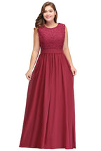 A-Linie Rundhals Langes Ärmelloses Chiffon-Abendkleid in Übergröße mit Spitze und Schärpe