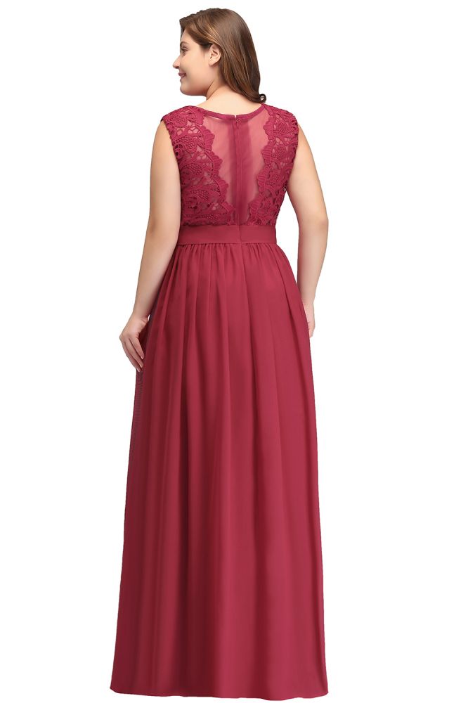 A-Linie Rundhals Langes Ärmelloses Chiffon-Abendkleid in Übergröße mit Spitze und Schärpe