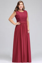 A-Linie Rundhals Langes Ärmelloses Chiffon-Abendkleid in Übergröße mit Spitze und Schärpe