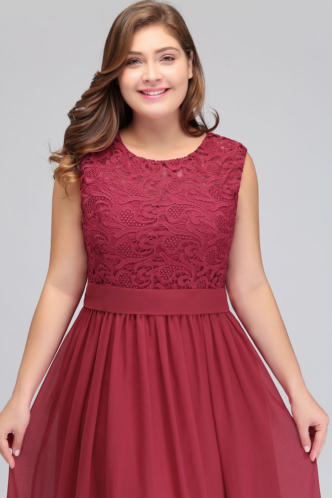 A-Linie Rundhals Langes Ärmelloses Chiffon-Abendkleid in Übergröße mit Spitze und Schärpe