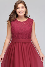 A-Linie Rundhals Langes Ärmelloses Chiffon-Abendkleid in Übergröße mit Spitze und Schärpe