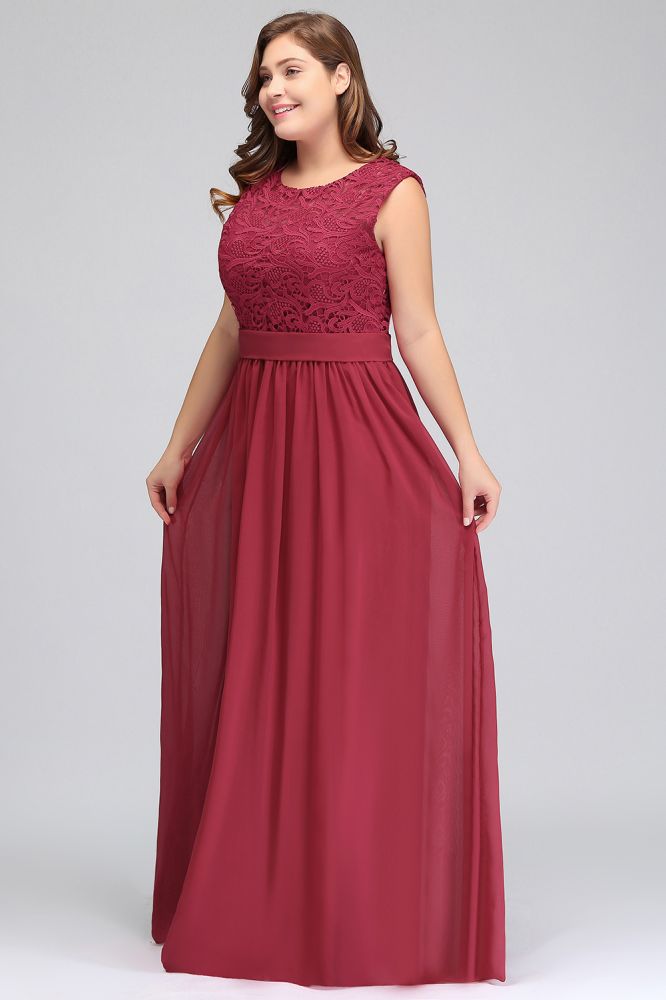 A-Linie Rundhals Langes Ärmelloses Chiffon-Abendkleid in Übergröße mit Spitze und Schärpe
