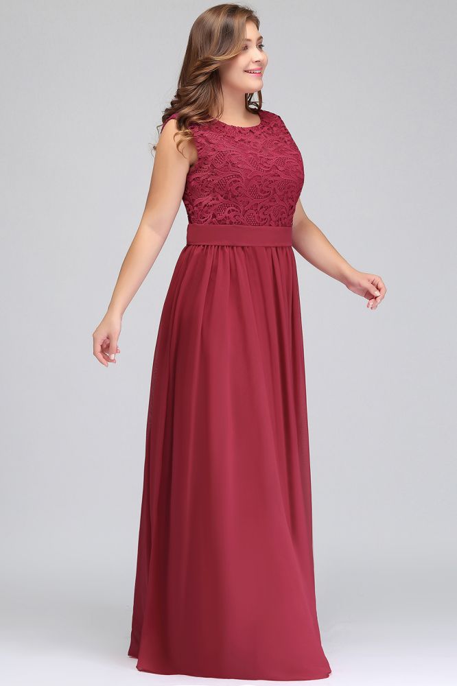 A-Linie Rundhals Langes Ärmelloses Chiffon-Abendkleid in Übergröße mit Spitze und Schärpe