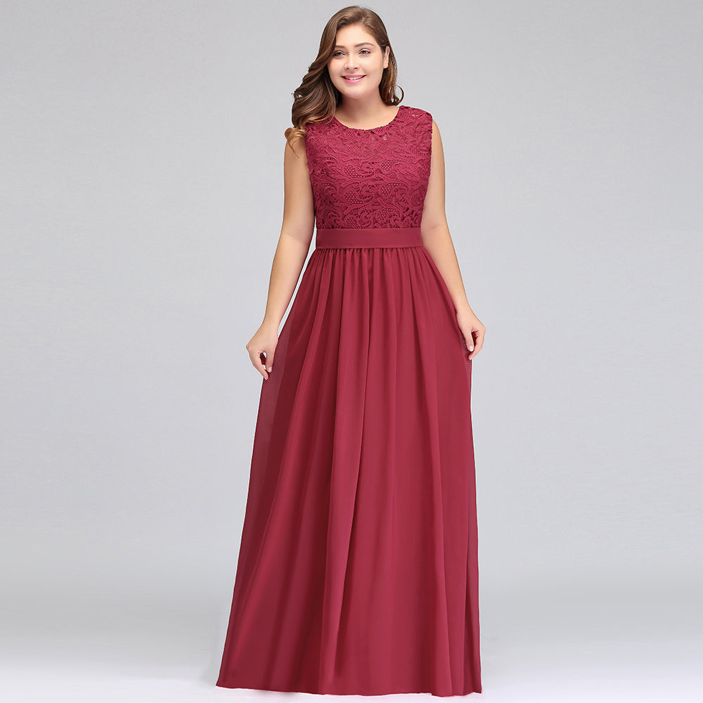 A-Linie Rundhals Langes Ärmelloses Chiffon-Abendkleid in Übergröße mit Spitze und Schärpe