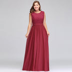 A-Linie Rundhals Langes Ärmelloses Chiffon-Abendkleid in Übergröße mit Spitze und Schärpe