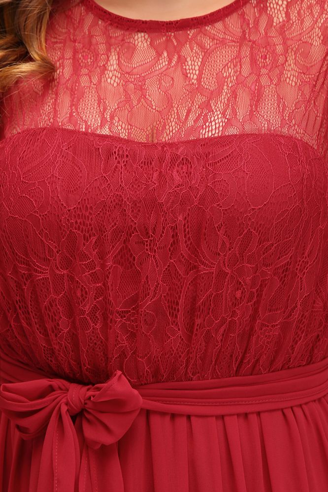A-Line Crew Long Sleeveless Plus size Chiffon Evening Dresses with Ruffles Bow