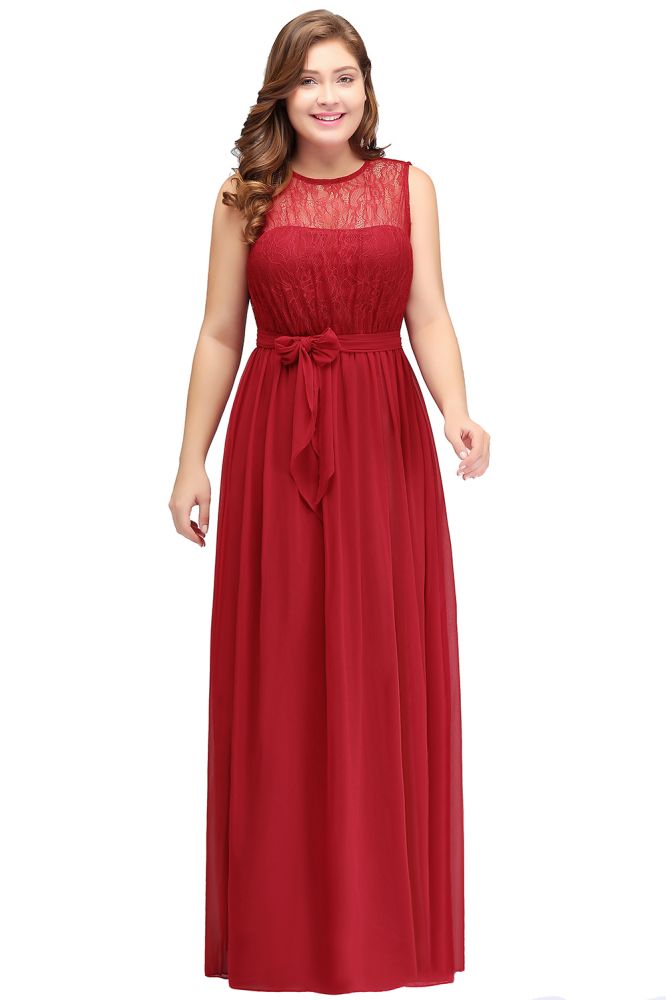 A-Line Crew Long Sleeveless Plus size Chiffon Evening Dresses with Ruffles Bow