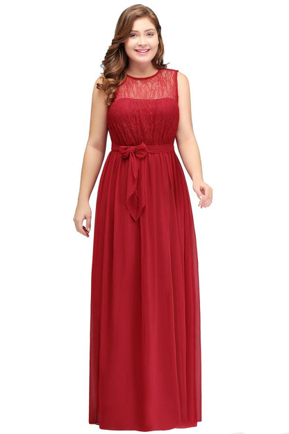 A-Line Crew Long Sleeveless Plus size Chiffon Evening Dresses with Ruffles Bow