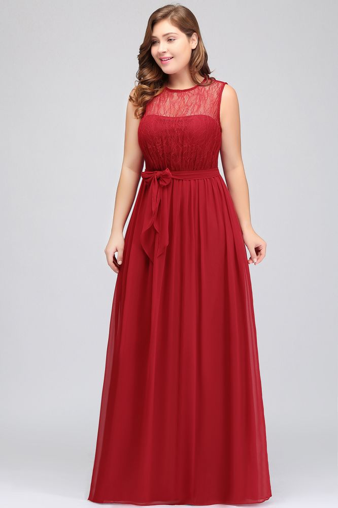 A-Line Crew Long Sleeveless Plus size Chiffon Evening Dresses with Ruffles Bow
