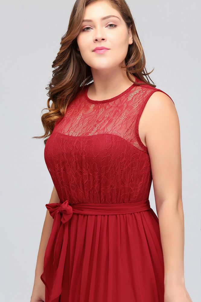 A-Line Crew Long Sleeveless Plus size Chiffon Evening Dresses with Ruffles Bow