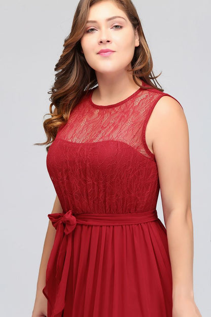A-Line Crew Long Sleeveless Plus size Chiffon Evening Dresses with Ruffles Bow