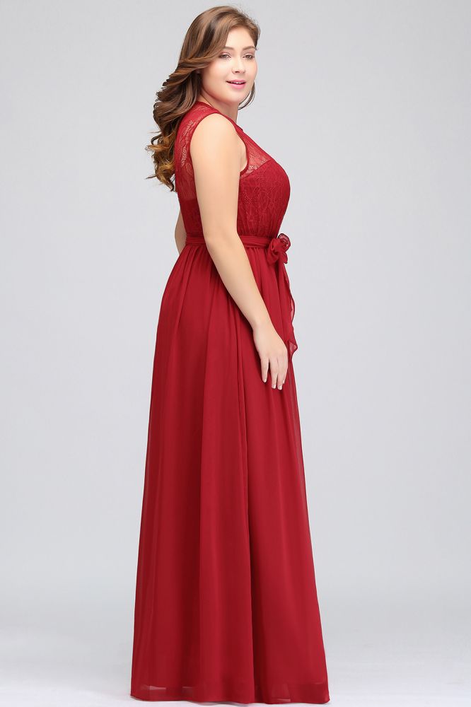 A-Line Crew Long Sleeveless Plus size Chiffon Evening Dresses with Ruffles Bow