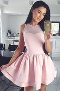 A-Linie Rundhals Ärmellos Kurzes Rosa Stufen Satin Homecoming Kleid PD087