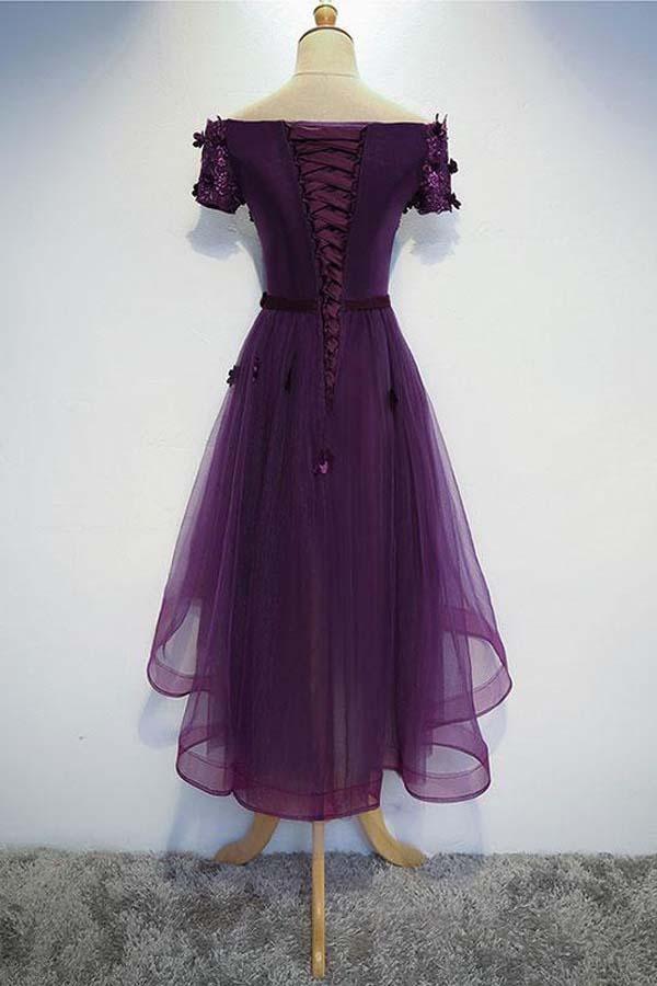 Vestido de fiesta morado de corte A, corte alto bajo, vestido morado para regreso a casa PD202