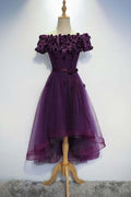 Vestido de fiesta morado de corte A, corte alto bajo, vestido morado para regreso a casa PD202
