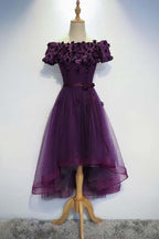 Vestido de fiesta morado de corte A, corte alto bajo, vestido morado para regreso a casa PD202