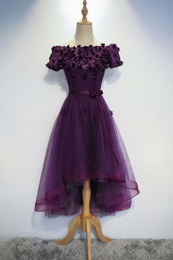 Vestido de fiesta morado de corte A, corte alto bajo, vestido morado para regreso a casa PD202