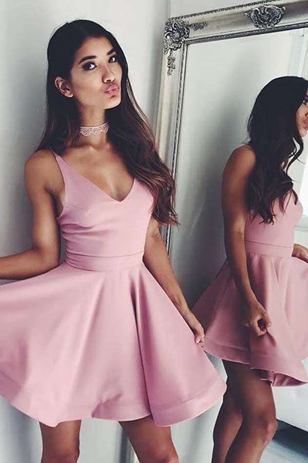 Vestido de fiesta de satén rosa, corto, con escote en V y corte A, PD126