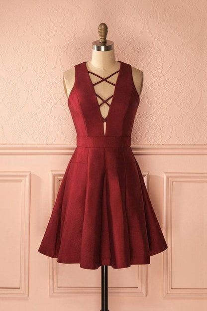 A-Line Deep V-Neck Sleeveless Lace-up Burgundy Satin Homecoming Dress  PD386