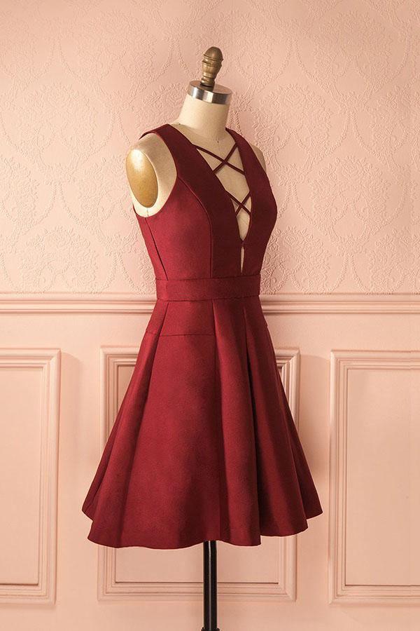Vestido de fiesta de satén burdeos, sin mangas, con escote en V profundo y cordones, corte A, PD386