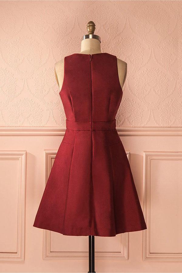 Vestido de fiesta de satén burdeos, sin mangas, con escote en V profundo y cordones, corte A, PD386
