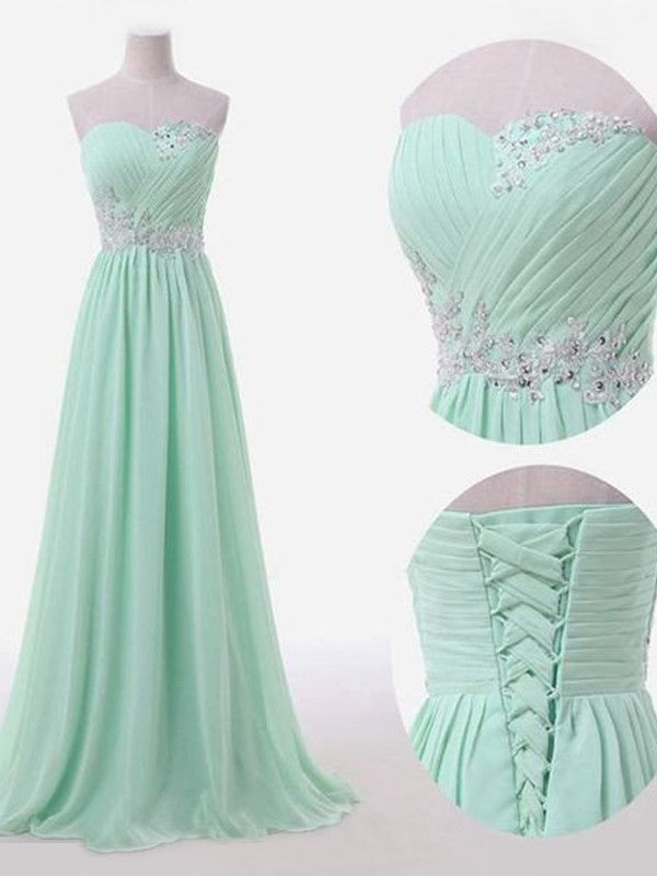Vestidos de dama de honor elegantes de gasa con escote en forma de A, sin mangas, escote corazón y largo hasta el suelo con cuentas
