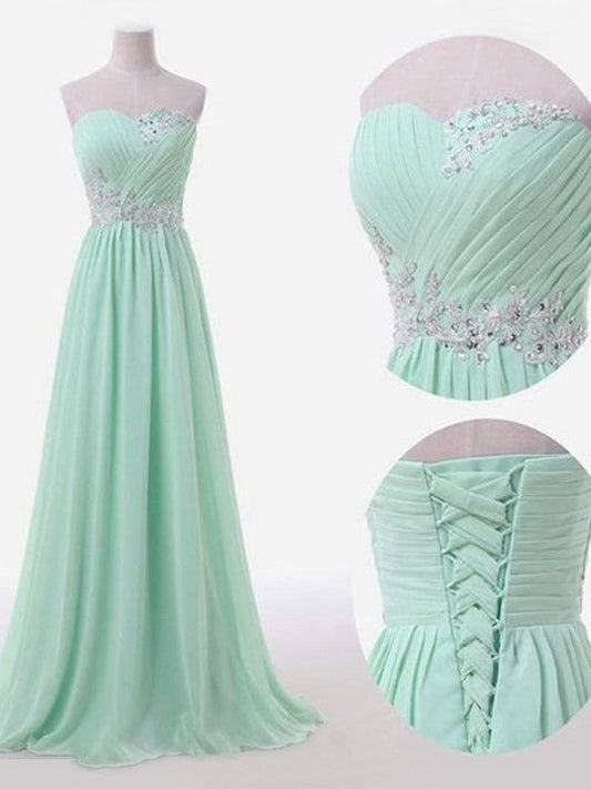 A-Line Elegant Sleeveless Sweetheart Floor-Length Beading Chiffon Bridesmaid Dresses