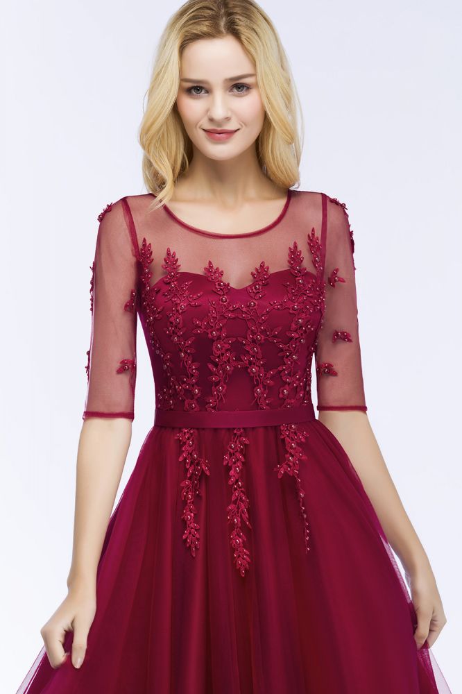 Vestido de dama de honor de tul con apliques, corte A, largo hasta el suelo, vestido de noche de media manga