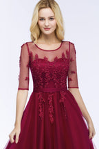 Vestido de dama de honor de tul con apliques, corte A, largo hasta el suelo, vestido de noche de media manga