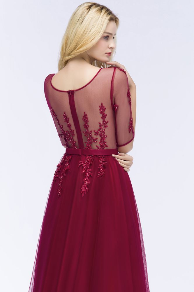 Vestido de dama de honor de tul con apliques, corte A, largo hasta el suelo, vestido de noche de media manga