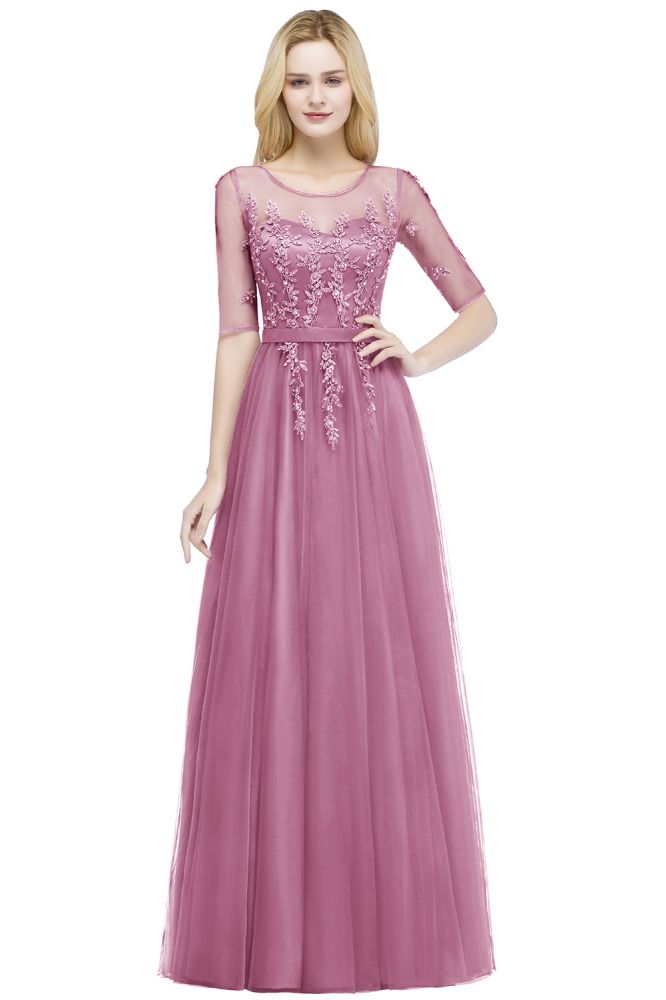 Vestido de dama de honor de tul con apliques, corte A, largo hasta el suelo, vestido de noche de media manga